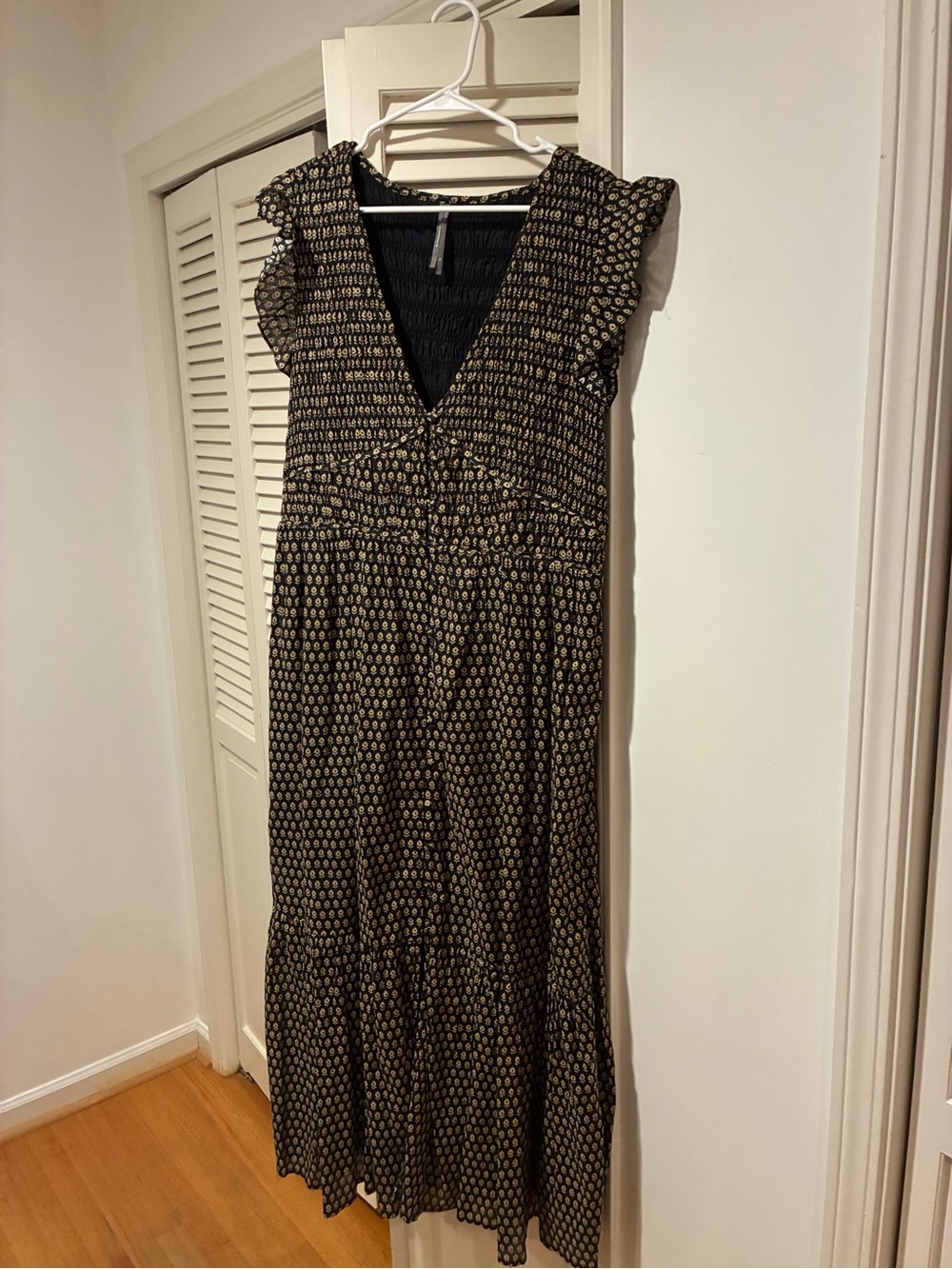 Anthropologie Black and Gold V-Neck Maxi Dress
